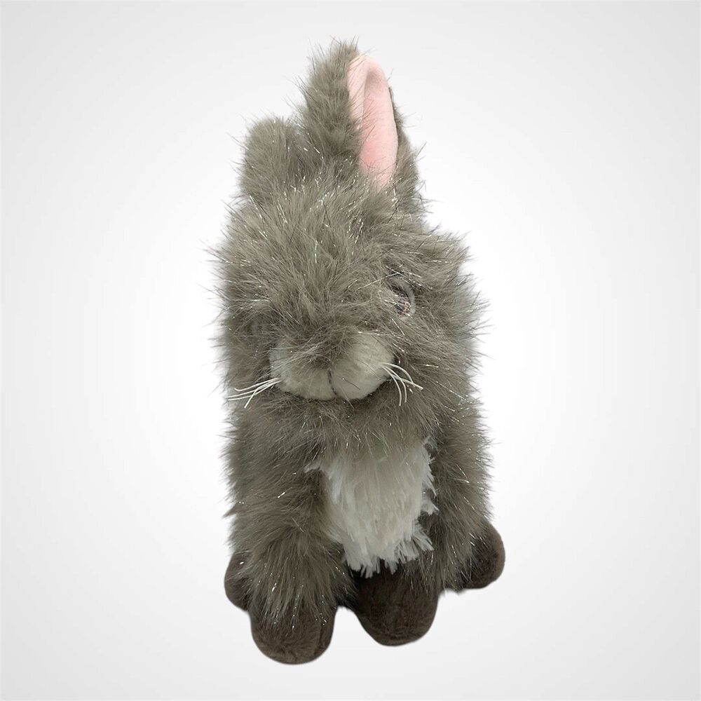 Large Grey Fur Bunny Rabbit Plush 16" Metallic Tinsel Sparkle Stuffed Animal